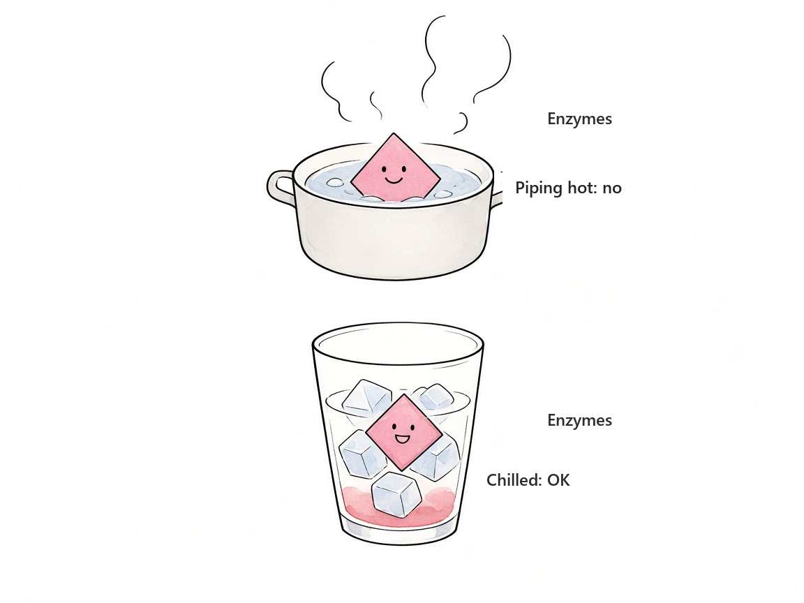 Enzymes: piping hot is a problem, chilled is fine