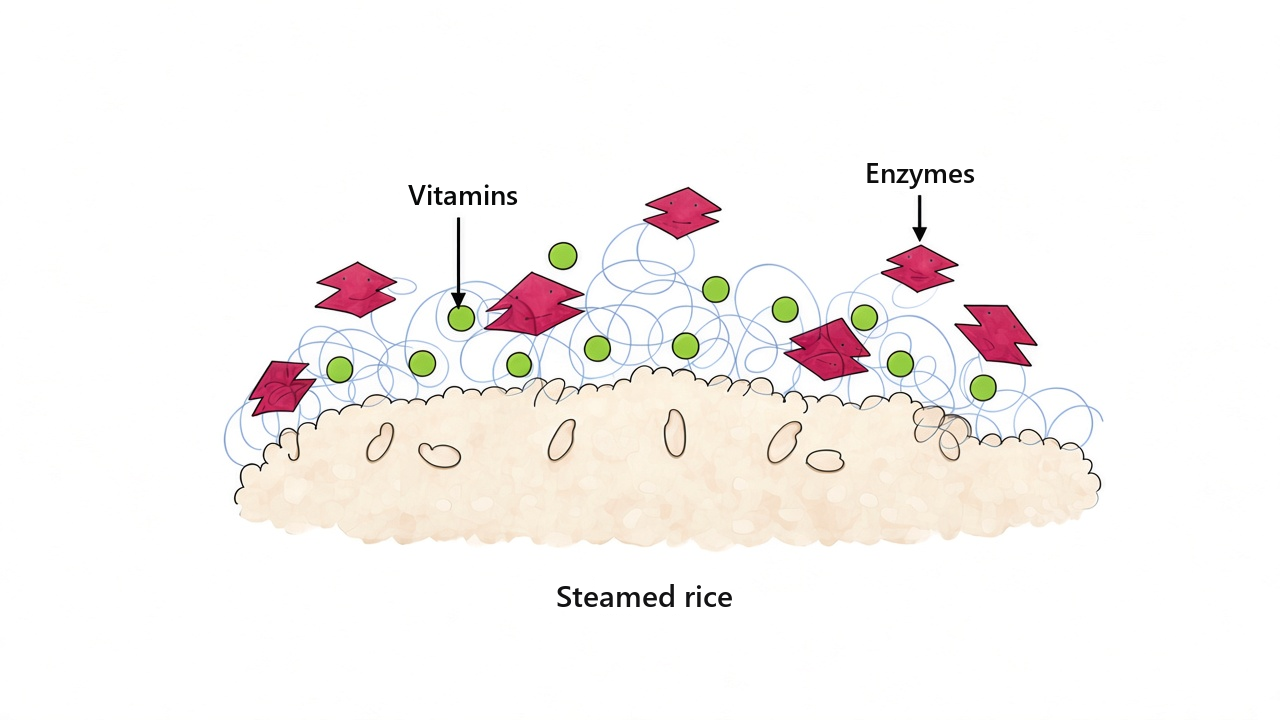 Diagram of enzymes and vitamins spreading over steamed rice