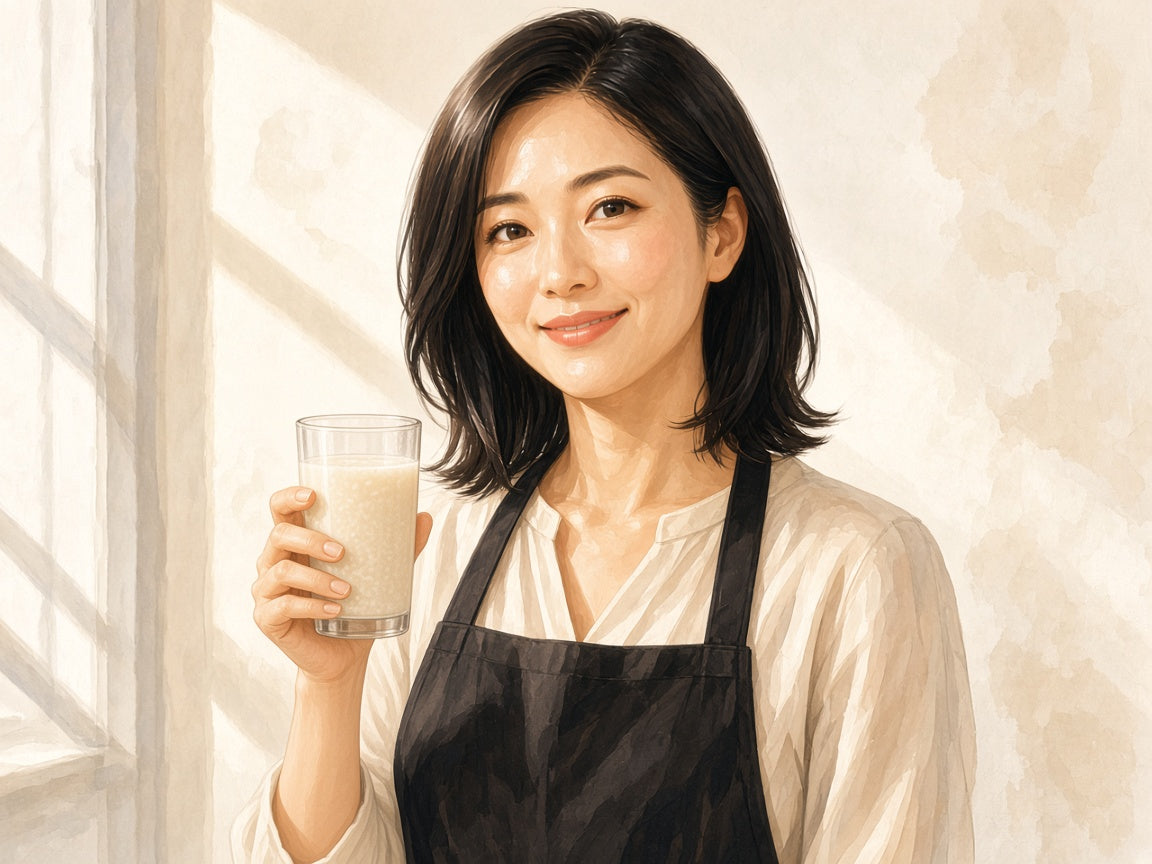 A hair and makeup artist with glowing, firm skin, holding fresh amazake