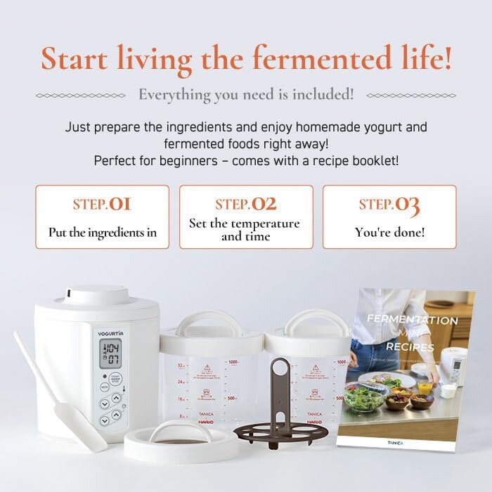 TANICA YOGURTiA Fermented Food Maker (1.1L, White, Made in Japan) - Yogurt, Miso, Amazake, Soy Sauce Koji, 2 Glass Pots + Onsen Eggs Stand + Recipes