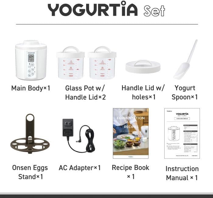 TANICA YOGURTiA Fermented Food Maker (1.1L, White, Made in Japan) - Yogurt, Miso, Amazake, Soy Sauce Koji, 2 Glass Pots + Onsen Eggs Stand + Recipes