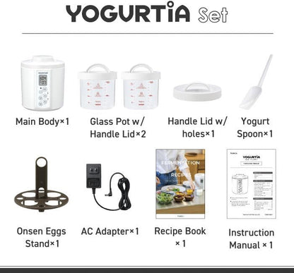 TANICA YOGURTiA Fermented Food Maker (1.1L, White, Made in Japan) - Yogurt, Miso, Amazake, Soy Sauce Koji, 2 Glass Pots + Onsen Eggs Stand + Recipes