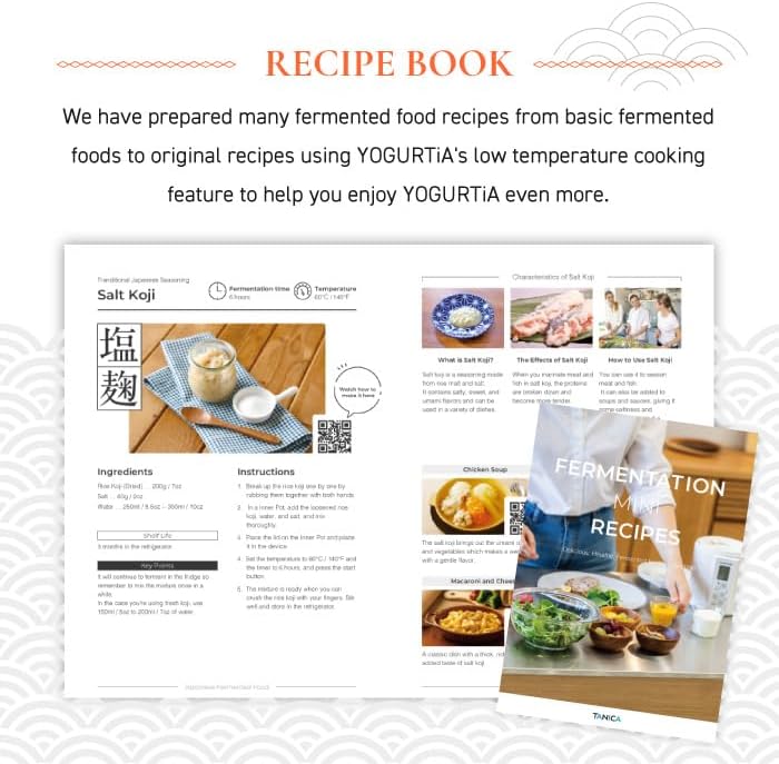 TANICA YOGURTiA Fermented Food Maker (1.1L, White, Made in Japan) - Yogurt, Miso, Amazake, Soy Sauce Koji, 2 Glass Pots + Onsen Eggs Stand + Recipes