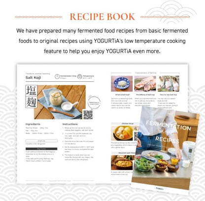 TANICA YOGURTiA Fermented Food Maker (1.1L, White, Made in Japan) - Yogurt, Miso, Amazake, Soy Sauce Koji, 2 Glass Pots + Onsen Eggs Stand + Recipes