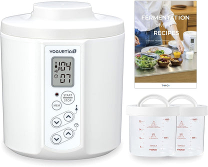 TANICA YOGURTiA Fermented Food Maker (1.1L, White, Made in Japan) - Yogurt, Miso, Amazake, Soy Sauce Koji, 2 Glass Pots + Onsen Eggs Stand + Recipes