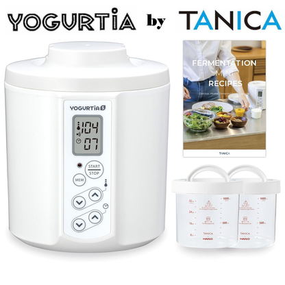 TANICA YOGURTiA Fermented Food Maker (1.1L, White, Made in Japan) - Yogurt, Miso, Amazake, Soy Sauce Koji, 2 Glass Pots + Onsen Eggs Stand + Recipes