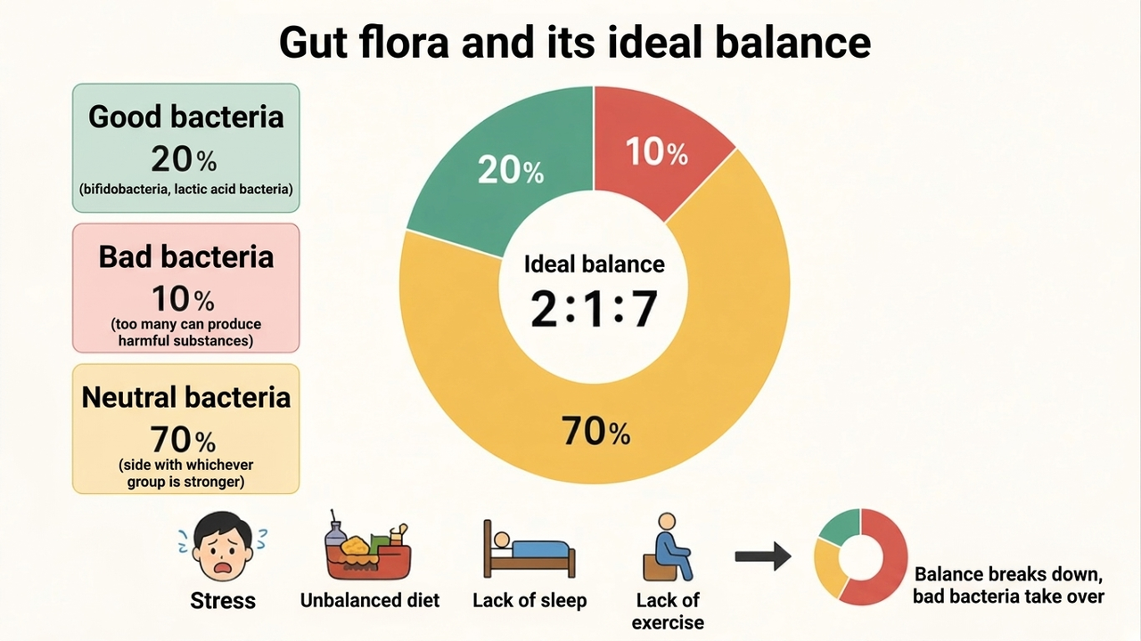 The ideal gut flora balance is 2:1:7. When it breaks down, bad bacteria take the lead