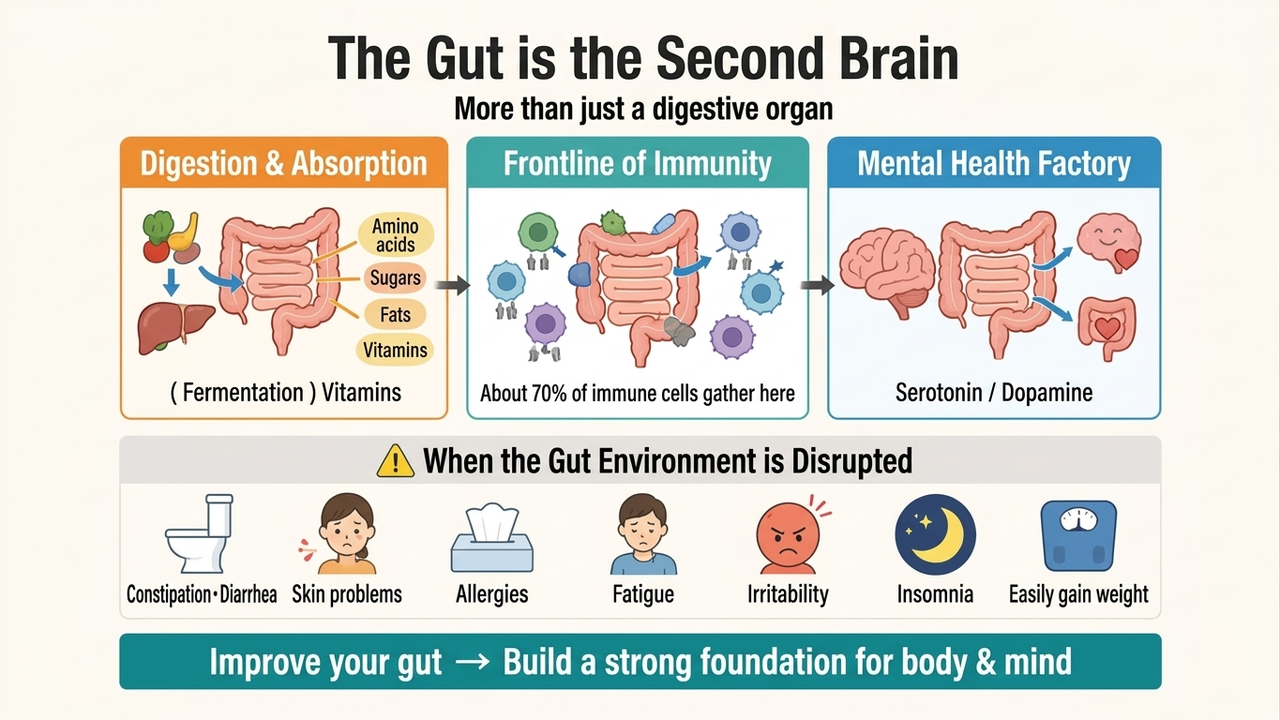 The gut is the second brain: digestion and absorption, the front line of immunity, and a factory for the mind