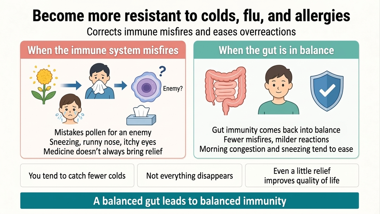 Hay fever is the immune system malfunctioning. When the gut is in balance, the reaction eases and you tend to be more resistant to colds, too