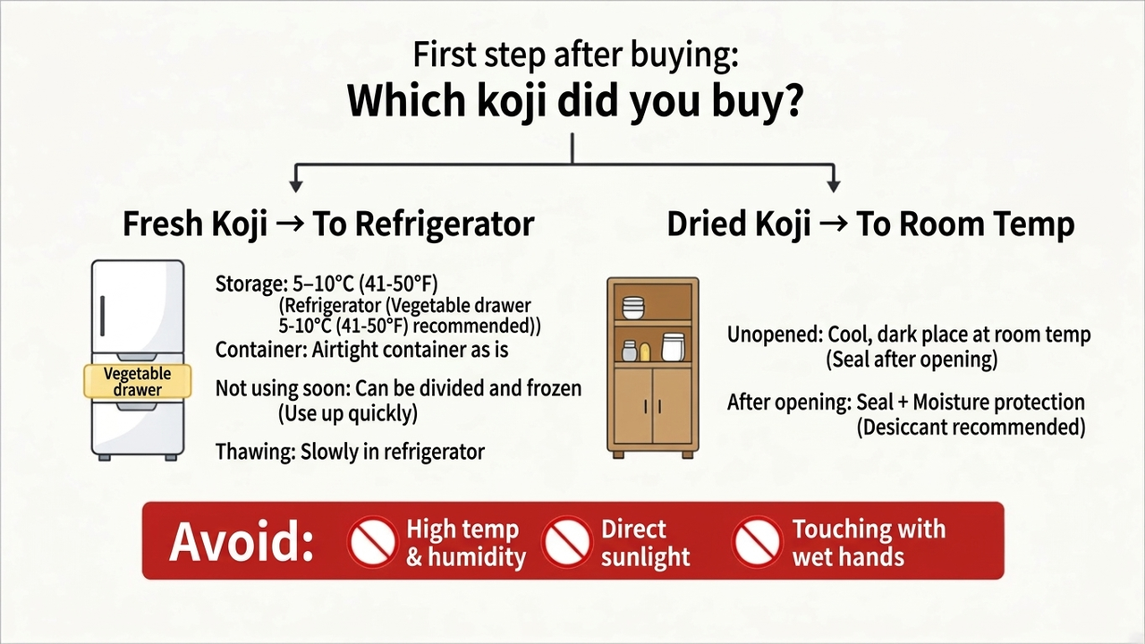The first fork after you buy: fresh koji goes in the refrigerator, dried koji at room temperature. Keep it airtight once opened
