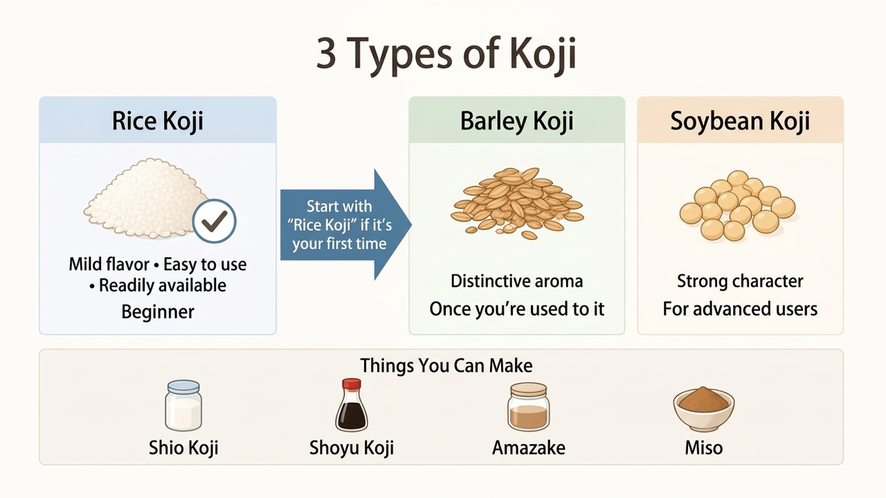 There are three types of koji. If it’s your first time, start with rice koji