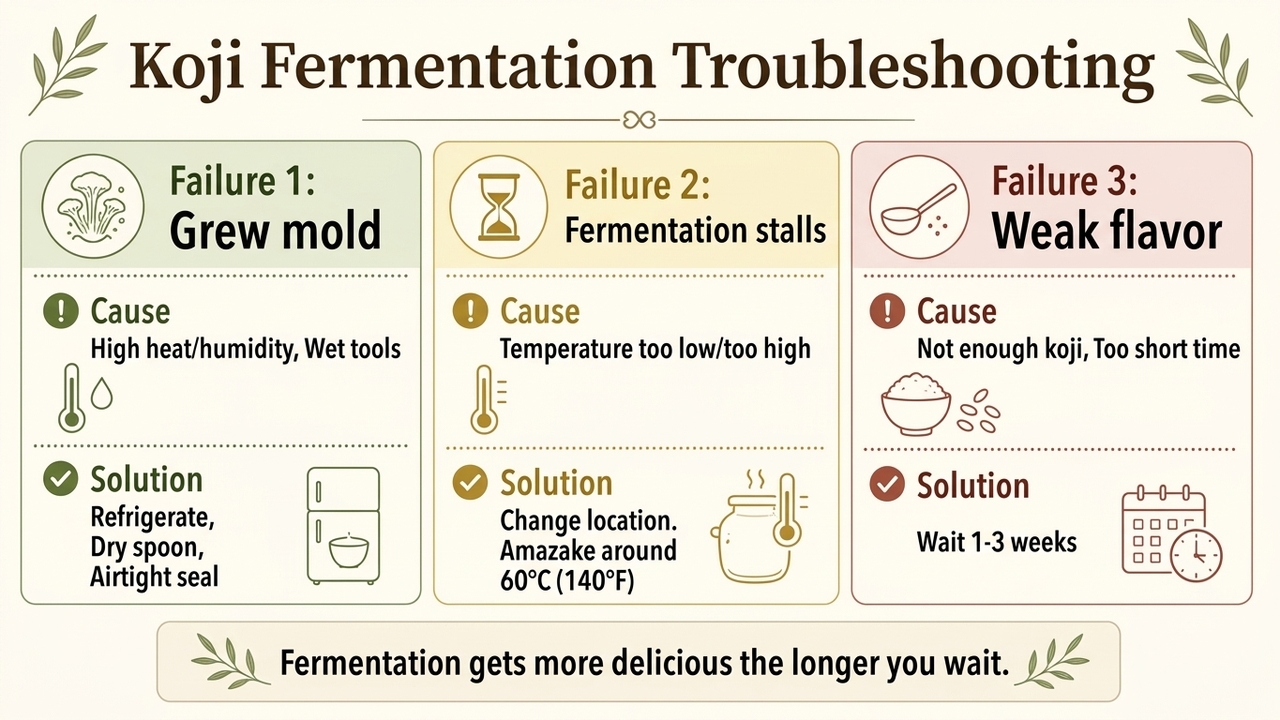 Mold, fermentation that doesn’t progress, weak flavor: three patterns, with causes and fixes