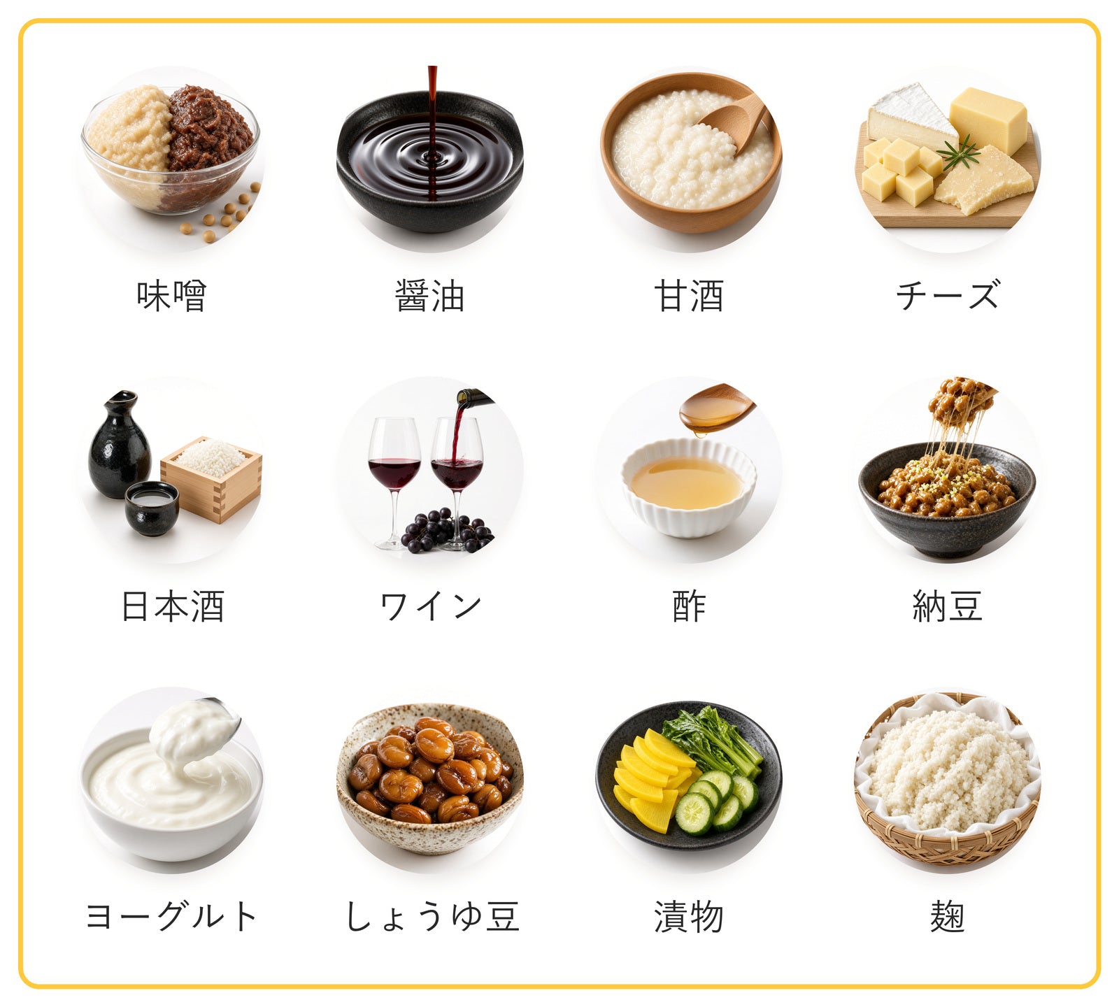 味噌、醤油、甘酒、チーズ、日本酒、ワイン、酢、納豆、ヨーグルト、しょうゆ豆、漬物、麹