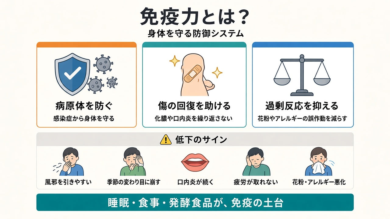 免疫は病原体を防ぎ、傷の回復を助け、過剰反応も抑える。低下のサインは風邪・口内炎・季節の不調