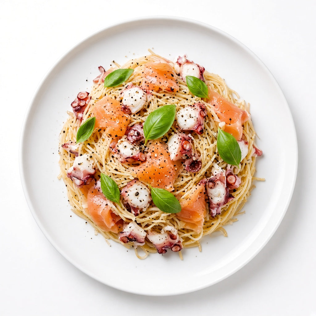 Cappellini with octopus and smoked salmon